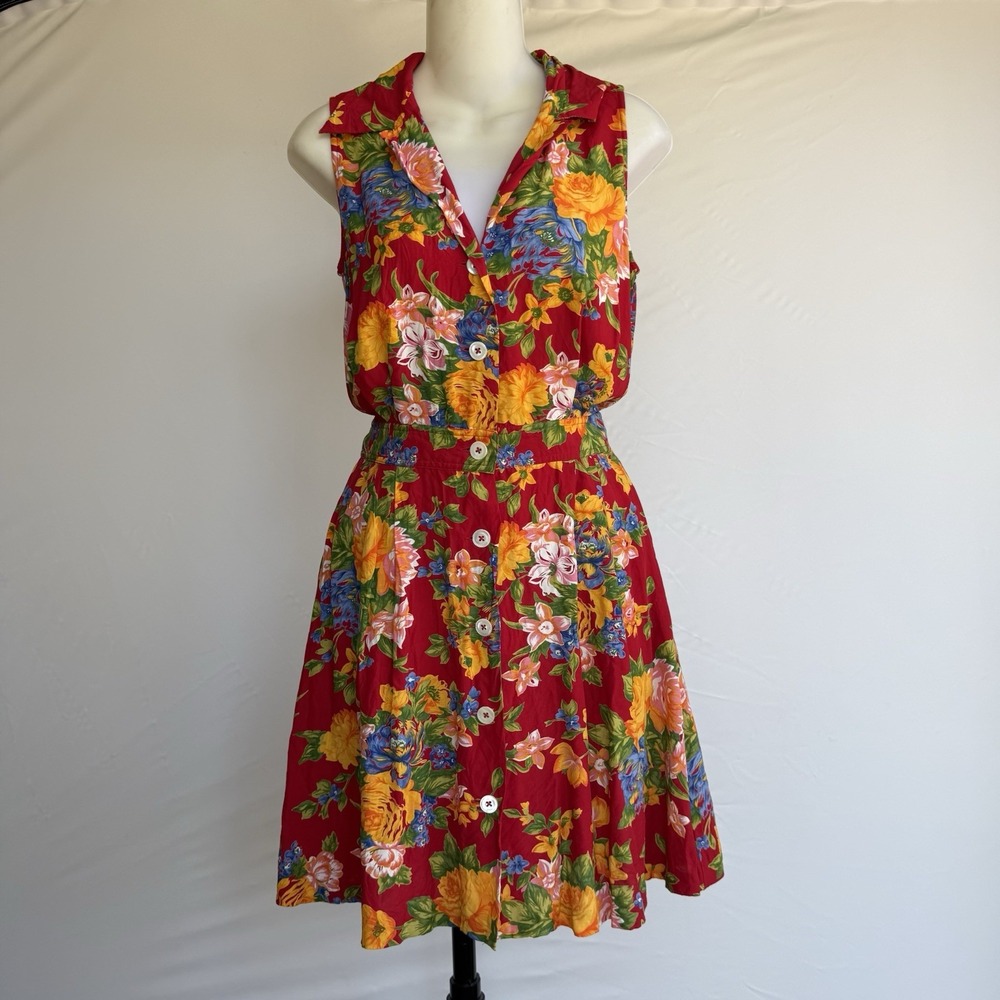 Vtg 90s Banana Republic Floral Rayon Dress S Red Tropical Button Up Collared